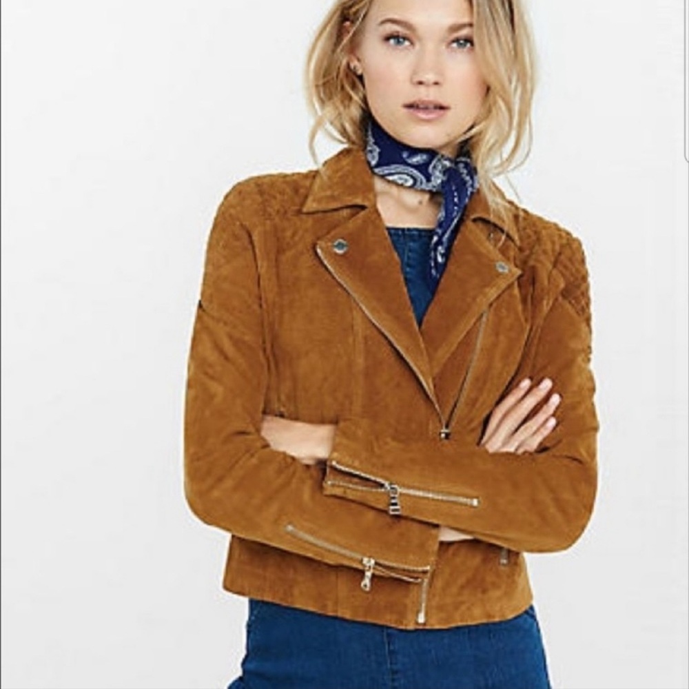 EXPRESS Vintage Women's XS Camel Tan Suede Biker Moto Fitted Jacket Gold Zips